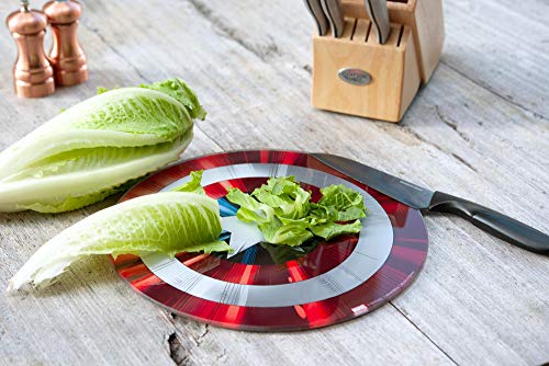 Marvel Avengers Captain America Shield Cutting Board - Tempered Glass With Non-Slip Feet - 11 3/4 inches Round - Great Gift for Marvel Fans