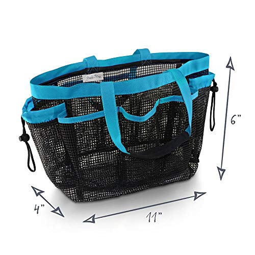 Simply Things Heavy Duty Mesh Shower Bag Caddy and Tote with 9 Storage Compartments and 2 Reinforced Handles, This Mesh Shower Bag is Quick Drying for Dorm, Gym, Camping, or Travel (blue)