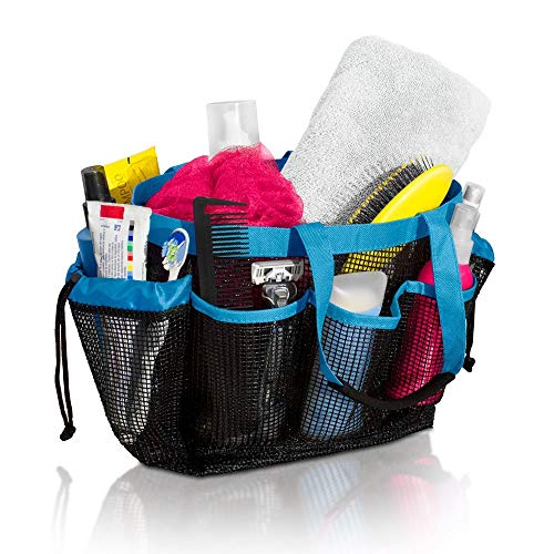 Simply Things Heavy Duty Mesh Shower Bag Caddy and Tote with 9 Storage Compartments and 2 Reinforced Handles, This Mesh Shower Bag is Quick Drying for Dorm, Gym, Camping, or Travel (blue)