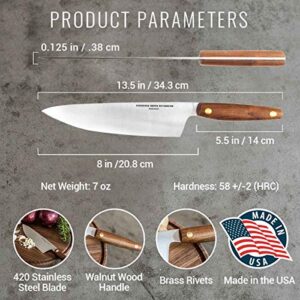 8 Inch Chef Knife - Made in USA - 420 High Carbon German Steel - Professional Sharp Knife made with American Black Walnut Wood Handle