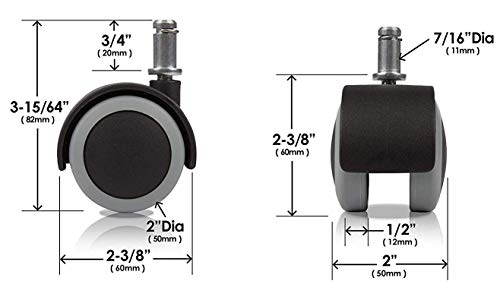 Premium 2 Inch Floor Protecting Rubber Office Chair Caster Wheels (Set of 5) Standard Stem Size - Black/Gray