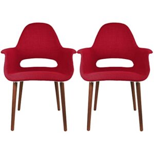 2xhome - set of 2 organic upholstered fabric modern armchairs with dark walnut brown wooden legs for dining room office or accent chair (red)