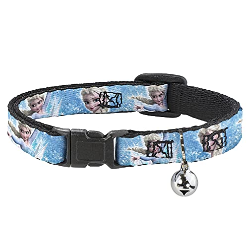 Buckle-Down Breakaway Cat Collar - Frozen Elsa Face/Action Pose/Snowflakes Blues/White - 1/2" Wide - Fits 8-12" Neck - Medium