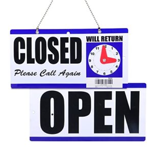 eagle open and closed sign, plastic, with hanging chain, double sides with “will return” clock, 6x11.5-inches