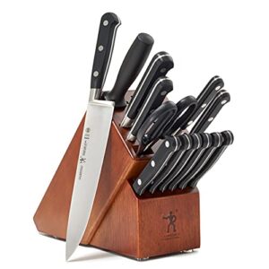 henckels couteau 14-pc knife block set | 6 steak knives, paring knife, serrated utility knife, prep knife, bread knife, chef’s knife, sharpening steel & kitchen shears