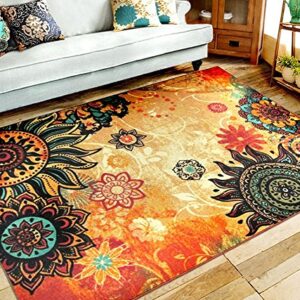 EUCH Contemporary Boho Retro Style Abstract Living Room Floor Carpets,Non-Skid Indoor/Outdoor Large Area Rugs,75"x98" Lotus