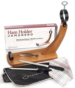 ham stand spain with knife and sharpening steel + ham cover + kitchen cloth + tongs - orginal ham holder for spanish hams and italian prosciutto