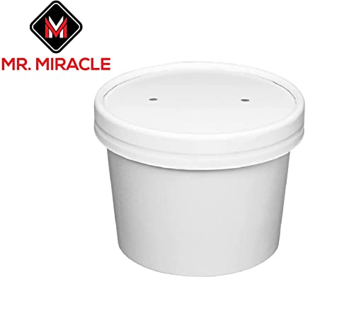 Mr Miracle 8 Ounce Soup/Frozen Dessert Containers with Lids in White. Pack of 25 Sets