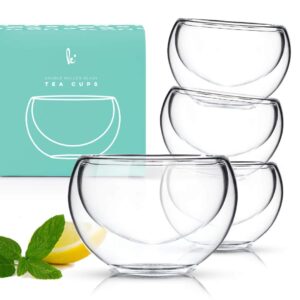 kitchables glass tea cups, durable insulated cups for hot tea, borosilicate glass mug, fancy tea cups (2.5oz, set of 4)