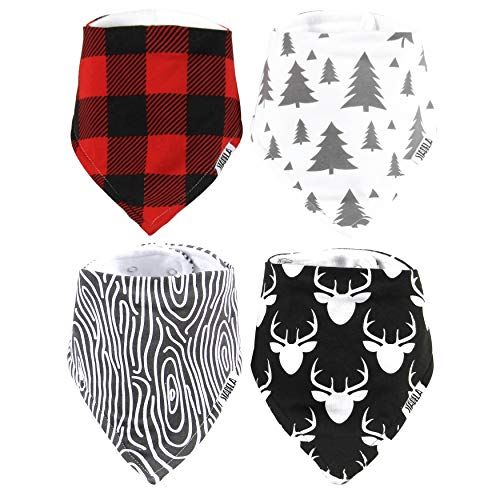 Stadela 100% Cotton Baby Bandana Drool Bibs for Drooling and Teething Nursery Burp Cloths 4 Pack Set for Boys – Lumberjack Deer Animal Woodland Forest Wood Trees Buffalo Plaid