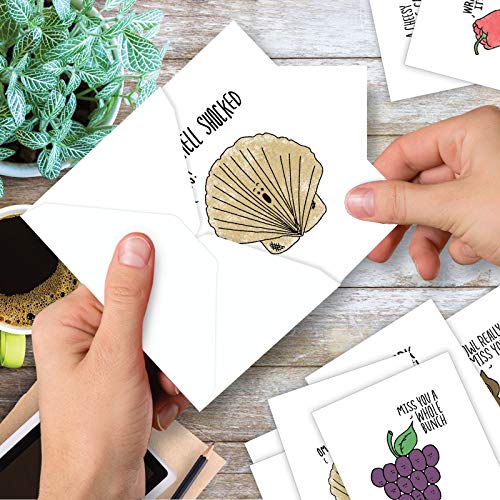 The Best Card Company - 10 Funny Assorted Blank Humor All Occasions Notecards Boxed Set 4 x 5.12 Inch w/Envelopes Cute Word Play for Men, Women (10 Designs, 1 Each) - Fun Puns M2975OCB