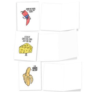 The Best Card Company - 10 Funny Assorted Blank Humor All Occasions Notecards Boxed Set 4 x 5.12 Inch w/Envelopes Cute Word Play for Men, Women (10 Designs, 1 Each) - Fun Puns M2975OCB