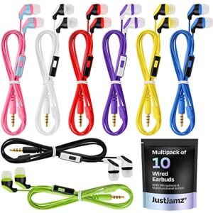 10x multipack | earbuds with microphone, for schools, classroom, libraries, museums, etc., wired in-ear earphones with mic for kids, teenagers & adults, affordable bulk headphones