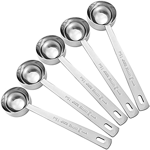 KAZETEC Metal Stainless Steel 1 Tablespoon Measuring Coffee Scoop Spoon, Set of 5