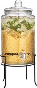 hc classic hammered glass ice cold beverage drink dispenser - 3 gallon, with glass lid and antique metal stand, 100% leak proof spigot- wide mouth easy filling for outdoor, parties & daily use