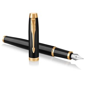 parker im fountain pen black lacquer with gold trim fine nib with blue ink refill gift box