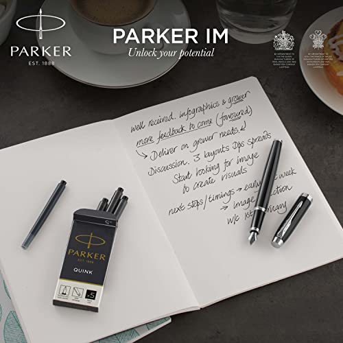 Parker IM Fountain Pen Black Lacquer with Gold Trim Fine Nib with Blue Ink Refill Gift Box