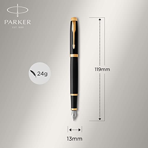 Parker IM Fountain Pen Black Lacquer with Gold Trim Fine Nib with Blue Ink Refill Gift Box