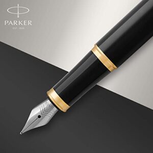 Parker IM Fountain Pen Black Lacquer with Gold Trim Fine Nib with Blue Ink Refill Gift Box