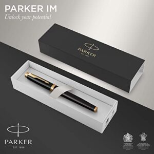 Parker IM Fountain Pen Black Lacquer with Gold Trim Fine Nib with Blue Ink Refill Gift Box