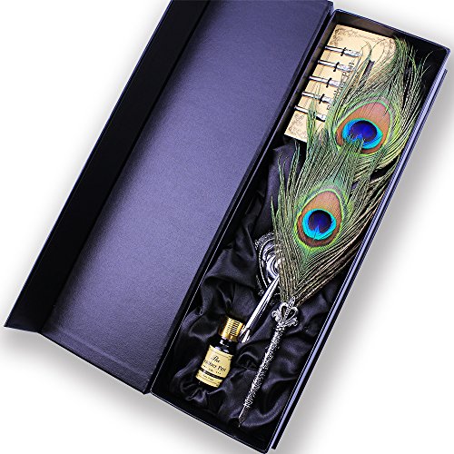 Featty Gifts Antique Natural Peacock Feather Pen,Retro Crown Penholder and Crave Pattern Penstand Stem,5 Metal Nibbed,Writing Quill Pen