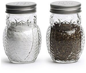 circleware elegant owl shaped glass mason salt and pepper shakers with metal lids, perfect for himalayan seasoning herbs spices, 2-piece set