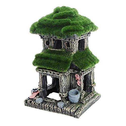 Saim Aquarium Decorations Fish Hideout Ancient Lovely Little House Betta Cave with Green Lifelike Moss Fish Tank Accessories