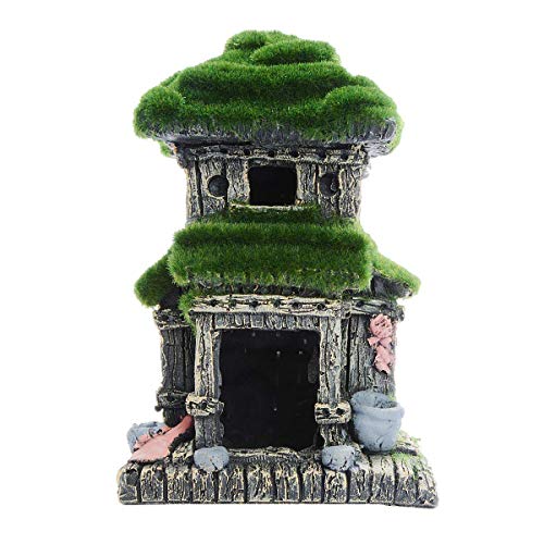 Saim Aquarium Decorations Fish Hideout Ancient Lovely Little House Betta Cave with Green Lifelike Moss Fish Tank Accessories