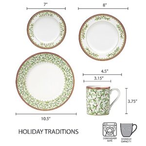 Mikasa Holiday Traditions Dinnerware Set with Mugs (16 Piece), Green, White