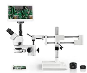 vision vs-5fz-ifr07-ret11.6 simul-focal trinocular zoom stereo microscope, 10x wf eyepiece, 3.5x—90x magnification, 0.5x & 2x aux lens, double arm boom stand,11.6” retina hd display with 5mp camera