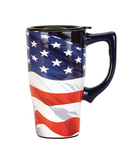 Spoontiques - Ceramic Travel Mugs - American Flag Cup - Hot or Cold Beverages - Gift for Coffee Lovers