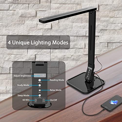 Fugetek LED Desk Office Lamp, Exclusive: 27 Eye-Caring Recessed LEDs, 5-Level Brightness, 4-Lighting Modes, USB Charging Port, 14W, Touch Control Panel, Dimmer, 1-Hour Auto Timer, 5V/1A, (Black)