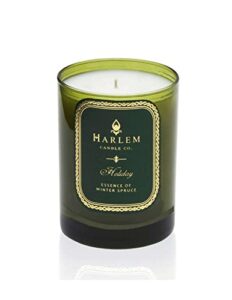 harlem candle company holiday luxury candle, 12 oz green glass jar, double wick, soy wax, gift box, winter-fresh fir, pine needles and mint-infused eucalyptus