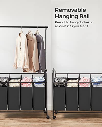 SONGMICS 4-Section Laundry Sorter, Rolling Laundry Cart with Hanging Bar, Laundry Organizer, Hampers for Laundry, Heavy-Duty, Lockable Wheels, 4 x 13.2 Gal., Black URLS44B