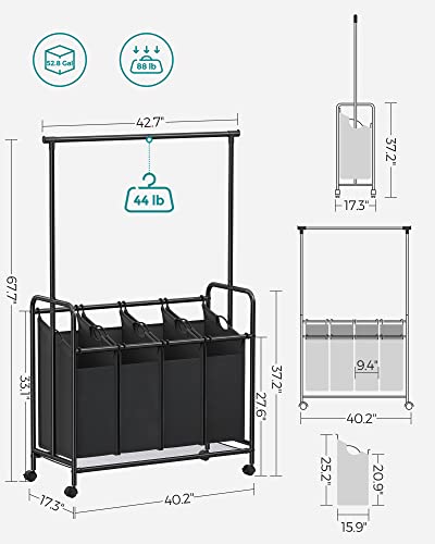 SONGMICS 4-Section Laundry Sorter, Rolling Laundry Cart with Hanging Bar, Laundry Organizer, Hampers for Laundry, Heavy-Duty, Lockable Wheels, 4 x 13.2 Gal., Black URLS44B