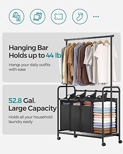 SONGMICS 4-Section Laundry Sorter, Rolling Laundry Cart with Hanging Bar, Laundry Organizer, Hampers for Laundry, Heavy-Duty, Lockable Wheels, 4 x 13.2 Gal., Black URLS44B