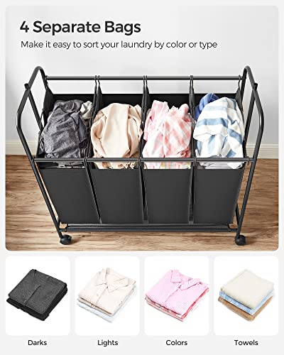 SONGMICS 4-Section Laundry Sorter, Rolling Laundry Cart with Hanging Bar, Laundry Organizer, Hampers for Laundry, Heavy-Duty, Lockable Wheels, 4 x 13.2 Gal., Black URLS44B