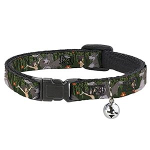 buckle-down breakaway cat collar - mowgli & baloo 3-poses leaves/flowers greens/orange - 1/2" wide - fits 8-12" neck - medium