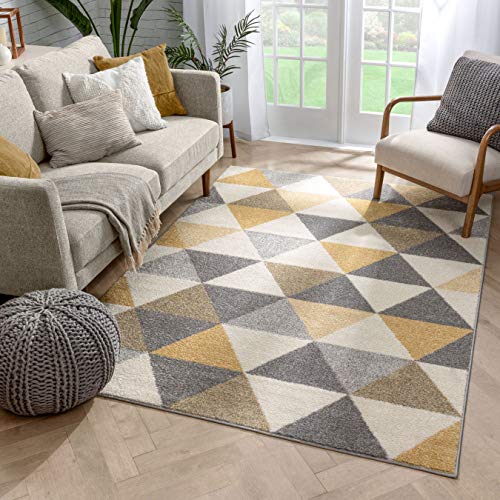Well Woven Isometry Gold & Grey Modern Geometric Triangle Pattern (5'3" x 7'3") Area Rug Soft Shed Free Easy to Clean Stain Resistant