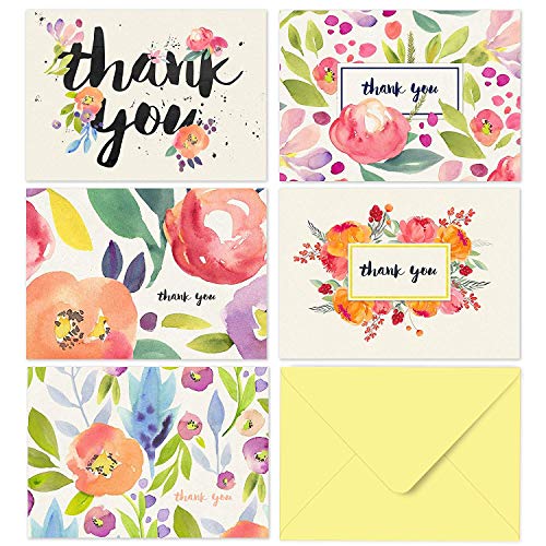 Fresh & Lucky 40 Thank You Cards With Yellow Envelopes - Multiple Watercolor Floral Graphic Designs - Perfect For Wedding Gifts, Birthday Gift, Party Invitations, Business Events, Donation Events And Any Occasions