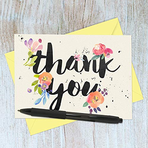 Fresh & Lucky 40 Thank You Cards With Yellow Envelopes - Multiple Watercolor Floral Graphic Designs - Perfect For Wedding Gifts, Birthday Gift, Party Invitations, Business Events, Donation Events And Any Occasions