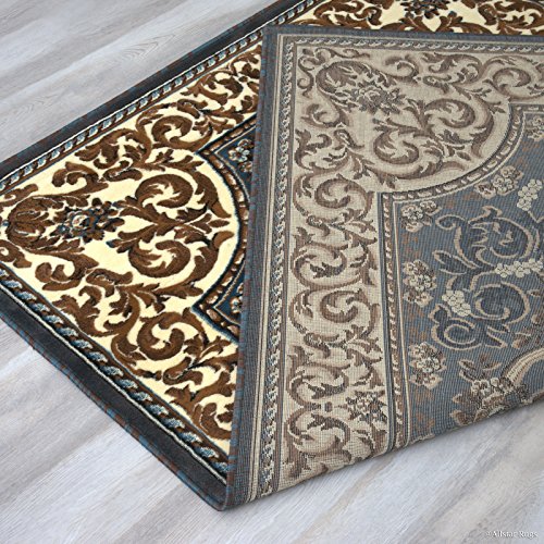 Allstar 8x10 Turquoise and Ivory Classic French Country Machine Carved Effect Rectangular Accent Rug with Mocha and Espresso Bordered Medallion Design (7' 9" x10' 1")