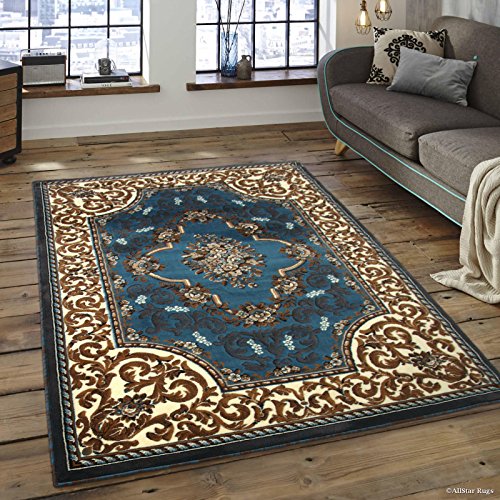 Allstar 8x10 Turquoise and Ivory Classic French Country Machine Carved Effect Rectangular Accent Rug with Mocha and Espresso Bordered Medallion Design (7' 9" x10' 1")