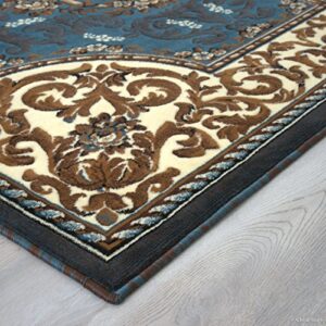 Allstar 8x10 Turquoise and Ivory Classic French Country Machine Carved Effect Rectangular Accent Rug with Mocha and Espresso Bordered Medallion Design (7' 9" x10' 1")