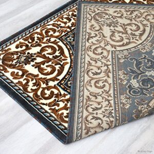 Allstar 8x10 Turquoise and Ivory Classic French Country Machine Carved Effect Rectangular Accent Rug with Mocha and Espresso Bordered Medallion Design (7' 9" x10' 1")