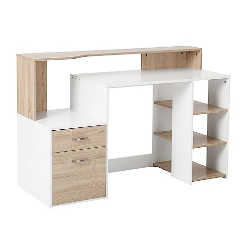 HOMCOM 54 Inches Computer Desk with Storage Shelves, Drawers and Pinter Shelf, Writing Table for Home Office and Study, Oak