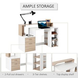 HOMCOM 54 Inches Computer Desk with Storage Shelves, Drawers and Pinter Shelf, Writing Table for Home Office and Study, Oak