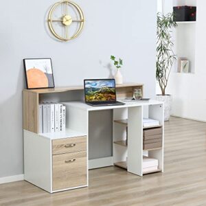 HOMCOM 54 Inches Computer Desk with Storage Shelves, Drawers and Pinter Shelf, Writing Table for Home Office and Study, Oak