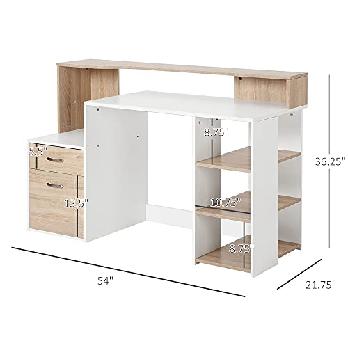 HOMCOM 54 Inches Computer Desk with Storage Shelves, Drawers and Pinter Shelf, Writing Table for Home Office and Study, Oak