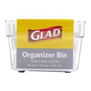 Glad Plastic Drawer Storage Tray – Heavy Duty Organizer Bin for Home, Kitchen, Bath, Bedroom, Office | Non-Slip Feet, 13" x 3", Clear